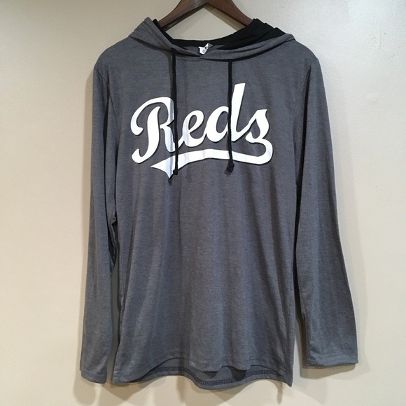 MLB Tops - Cincinnati Reds Long Sleeve Hooded T-Shirt Womens M Gray Baseball MLB Logo Sport